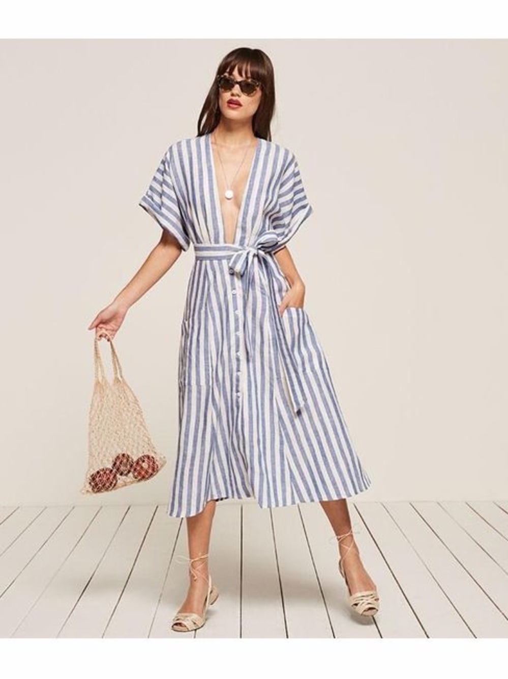 Reformation Geneva Blue and White Striped Linen Dress
